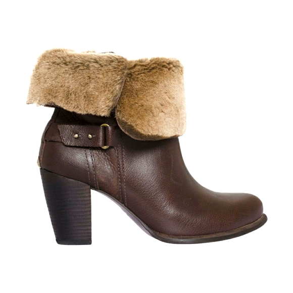 UGG Shoes - UGG Jayne Stout Brown Leather Fleece Fur Foldover Boots Sz 9.5